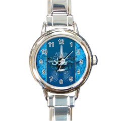 Surf, Surfboard With Water Drops On Blue Background Round Italian Charm Watches by FantasyWorld7