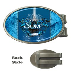 Surf, Surfboard With Water Drops On Blue Background Money Clips (oval)  by FantasyWorld7