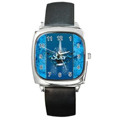 Surf, Surfboard With Water Drops On Blue Background Square Metal Watches by FantasyWorld7