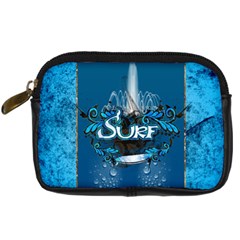 Surf, Surfboard With Water Drops On Blue Background Digital Camera Cases by FantasyWorld7