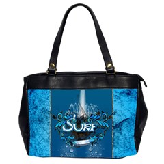 Surf, Surfboard With Water Drops On Blue Background Office Handbags (2 Sides)  by FantasyWorld7