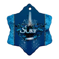 Surf, Surfboard With Water Drops On Blue Background Ornament (snowflake)  by FantasyWorld7