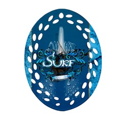 Surf, Surfboard With Water Drops On Blue Background Ornament (oval Filigree) 