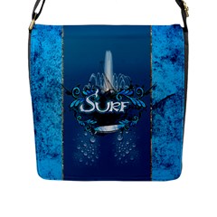Surf, Surfboard With Water Drops On Blue Background Flap Messenger Bag (l)  by FantasyWorld7