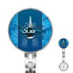 Surf, Surfboard With Water Drops On Blue Background Stainless Steel Nurses Watches Front