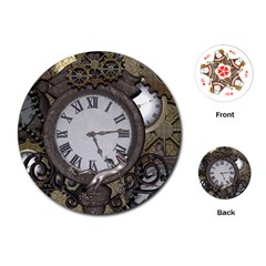 Steampunk, Awesome Clocks With Gears, Can You See The Cute Gescko Playing Cards (round)  by FantasyWorld7