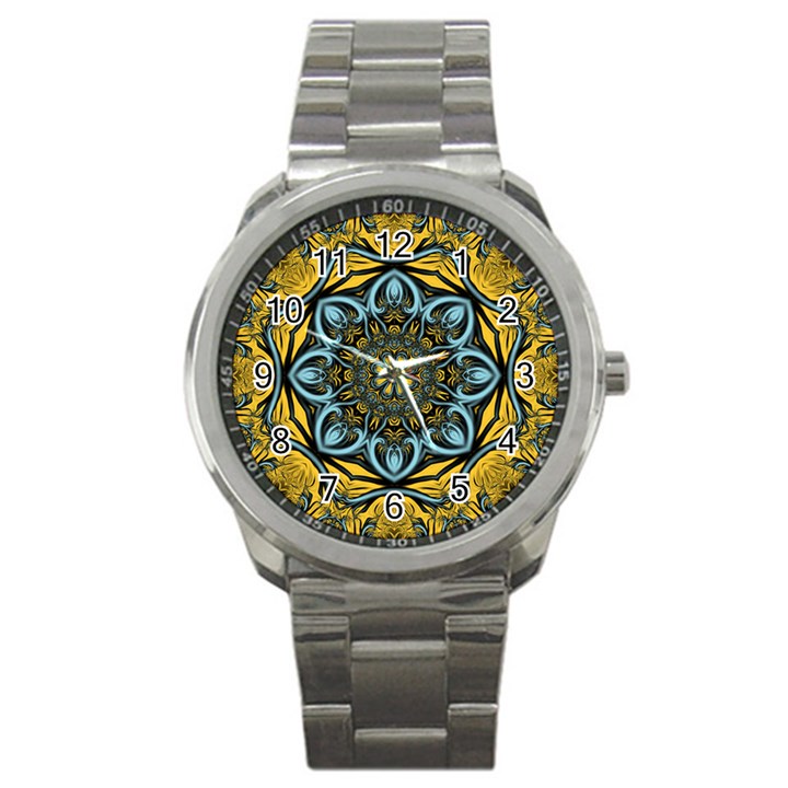Blue floral fractal Sport Metal Watches