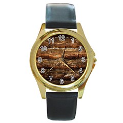 Dark Stained Wood Wall Round Gold Metal Watches
