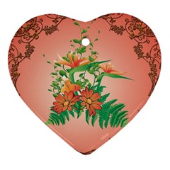 Awesome Flowers And Leaves With Floral Elements On Soft Red Background Ornament (heart)  by FantasyWorld7