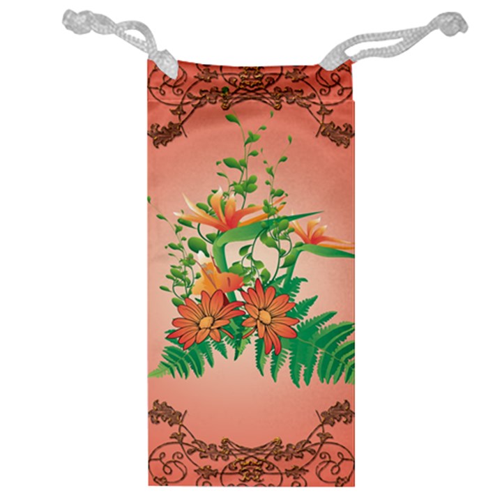 Awesome Flowers And Leaves With Floral Elements On Soft Red Background Jewelry Bags