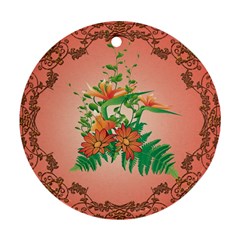 Awesome Flowers And Leaves With Floral Elements On Soft Red Background Round Ornament (two Sides)  by FantasyWorld7