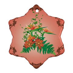 Awesome Flowers And Leaves With Floral Elements On Soft Red Background Snowflake Ornament (2-side) by FantasyWorld7