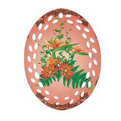 Awesome Flowers And Leaves With Floral Elements On Soft Red Background Oval Filigree Ornament (2-side)  by FantasyWorld7