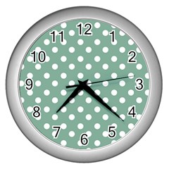 Mint Green Polka Dots Wall Clocks (silver)  by GardenOfOphir