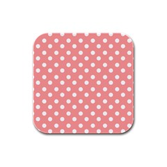 Coral And White Polka Dots Rubber Square Coaster (4 Pack)  by GardenOfOphir