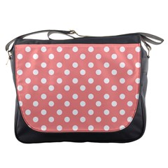 Coral And White Polka Dots Messenger Bags by GardenOfOphir