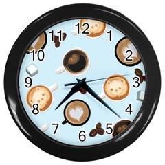 Cute Coffee Pattern On Light Blue Background Wall Clocks (black)