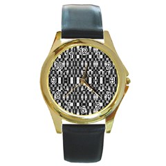 Black And White Geometric Tribal Pattern Round Gold Metal Watches by dflcprints