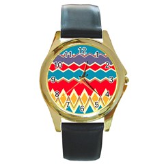 Chevrons And Rhombus			round Gold Metal Watch by LalyLauraFLM
