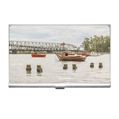 Boats At Santa Lucia River In Montevideo Uruguay Business Card Holders by dflcprints