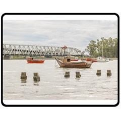 Boats At Santa Lucia River In Montevideo Uruguay Double Sided Fleece Blanket (medium)  by dflcprints