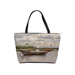 Fishing And Sailboats At Santa Lucia River In Montevideo Shoulder Handbags by dflcprints