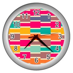 Connected Colorful Rectangles			wall Clock (silver) by LalyLauraFLM