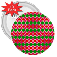 Red Pink Green Rhombus Pattern			3  Button (10 Pack) by LalyLauraFLM