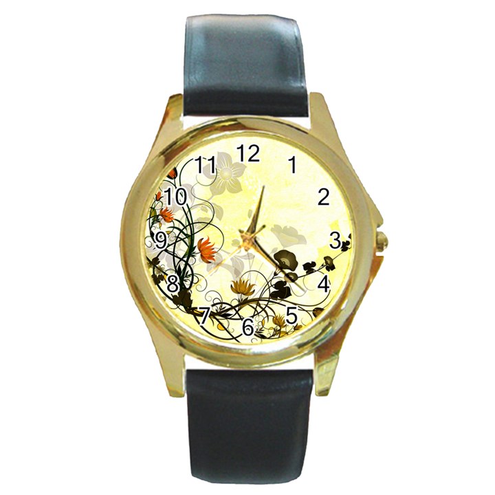 Wonderful Flowers With Leaves On Soft Background Round Gold Metal Watches