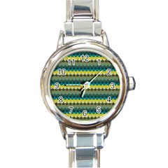 Scallop Pattern Repeat In  new York  Teal, Mustard, Grey And Moss Round Italian Charm Watches by PaperandFrill