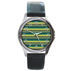 Scallop Pattern Repeat In  new York  Teal, Mustard, Grey And Moss Round Metal Watches by PaperandFrill