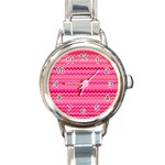 Valentine Pink and Red Wavy Chevron ZigZag Pattern Round Italian Charm Watches Front