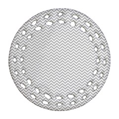 Silver And White Chevrons Wavy Zigzag Stripes Round Filigree Ornament (2side) by PaperandFrill