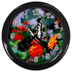 Butterfly Flowers 1 Wall Clocks (black)