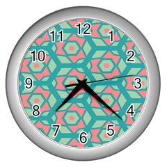 Pink Honeycombs Flowers Pattern  			wall Clock (silver) by LalyLauraFLM