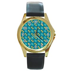 Blue Yellow Shapes Pattern 			round Gold Metal Watch by LalyLauraFLM