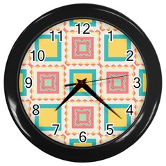 Pastel Squares Pattern 			wall Clock (black) by LalyLauraFLM