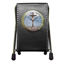 Jesus On The Cross Illustration Pen Holder Desk Clocks by dflcprints