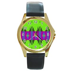 Tribal Shapes On A Green Background 			round Gold Metal Watch