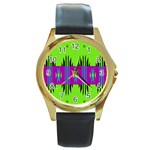 Tribal shapes on a green background 			Round Gold Metal Watch Front