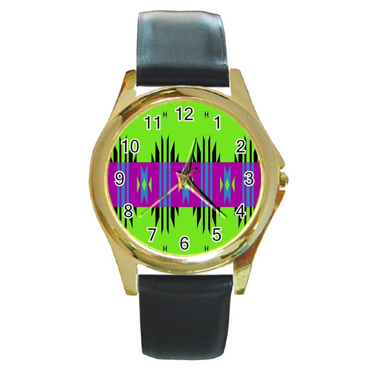 Tribal shapes on a green background 			Round Gold Metal Watch