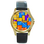 Retro colors rectangles and squares 			Round Gold Metal Watch Front