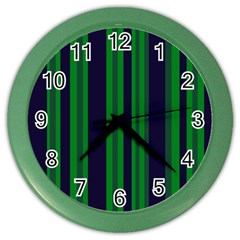 Dark Blue Green Striped Pattern Color Wall Clocks by BrightVibesDesign