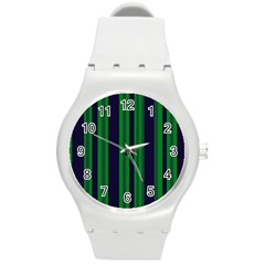 Dark Blue Green Striped Pattern Round Plastic Sport Watch (m) by BrightVibesDesign