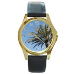 Tropical Palm Tree  Round Gold Metal Watch Front
