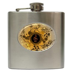 Decorative Clef On A Round Button With Flowers And Bubbles Hip Flask (6 Oz)
