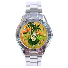 Tropical Design With Flowers And Palm Trees Stainless Steel Analogue Watch by FantasyWorld7