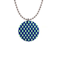 Mod Retro Green Circles On Blue Button Necklaces by BrightVibesDesign