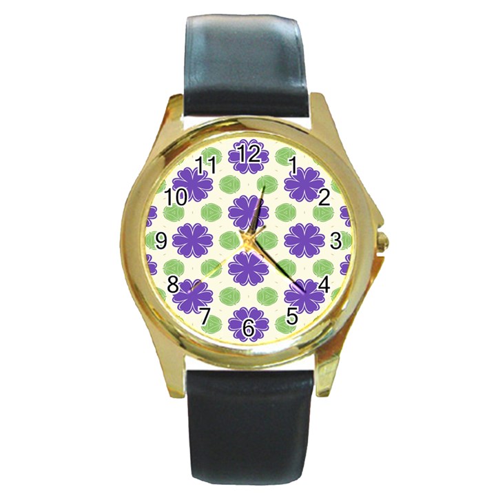 Purple flowers pattern        			Round Gold Metal Watch
