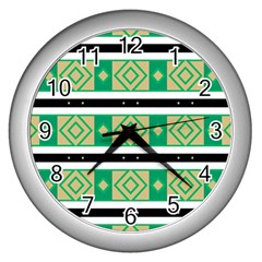 Green Rhombus And Stripes           			wall Clock (silver) by LalyLauraFLM